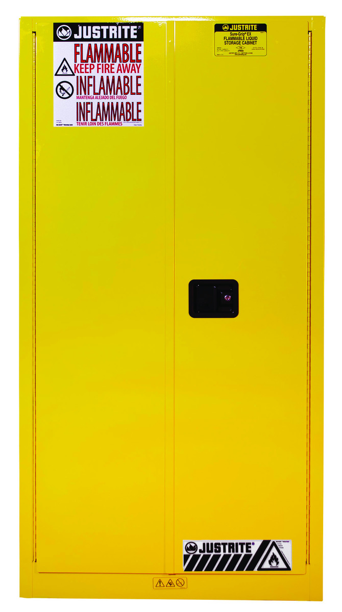 Justrite™ 60 Gallon Yellow Sure-Grip® EX 18 Gauge Cold Rolled Steel Vertical Drum Safety Cabinet With (2) Self-Closing Doors And