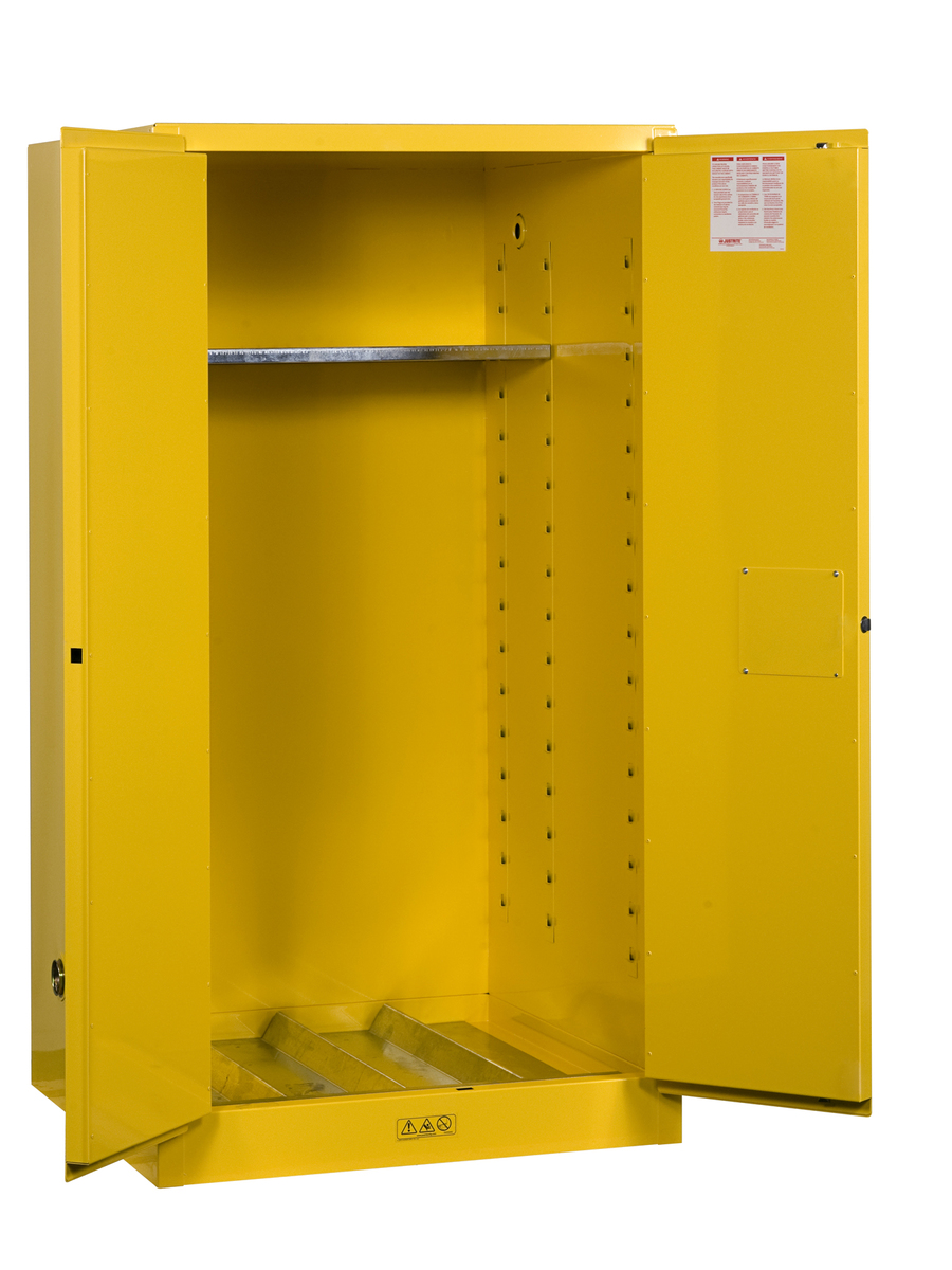 Justrite™ 55 Gallon Yellow Sure-Grip® EX 18 Gauge Cold Rolled Steel Vertical Drum Safety Cabinet With (2) Manual Close Doors And