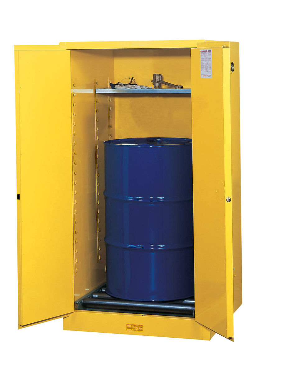 Justrite™ 55 Gallon Yellow Sure-Grip® EX 18 Gauge Cold Rolled Steel Vertical Drum Safety Cabinet With (2) Manual Close Doors And