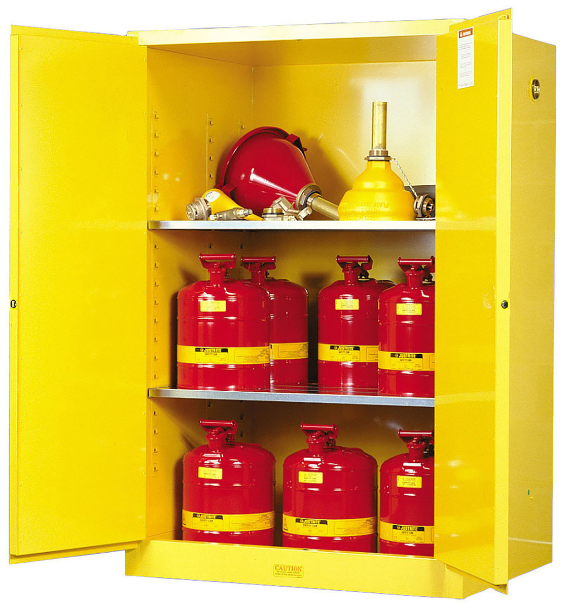 Justrite™ 90 Gallon Yellow Sure-Grip® EX 18 Gauge Cold Rolled Steel Vertical Drum Safety Cabinet With (2) Manual Close Doors And