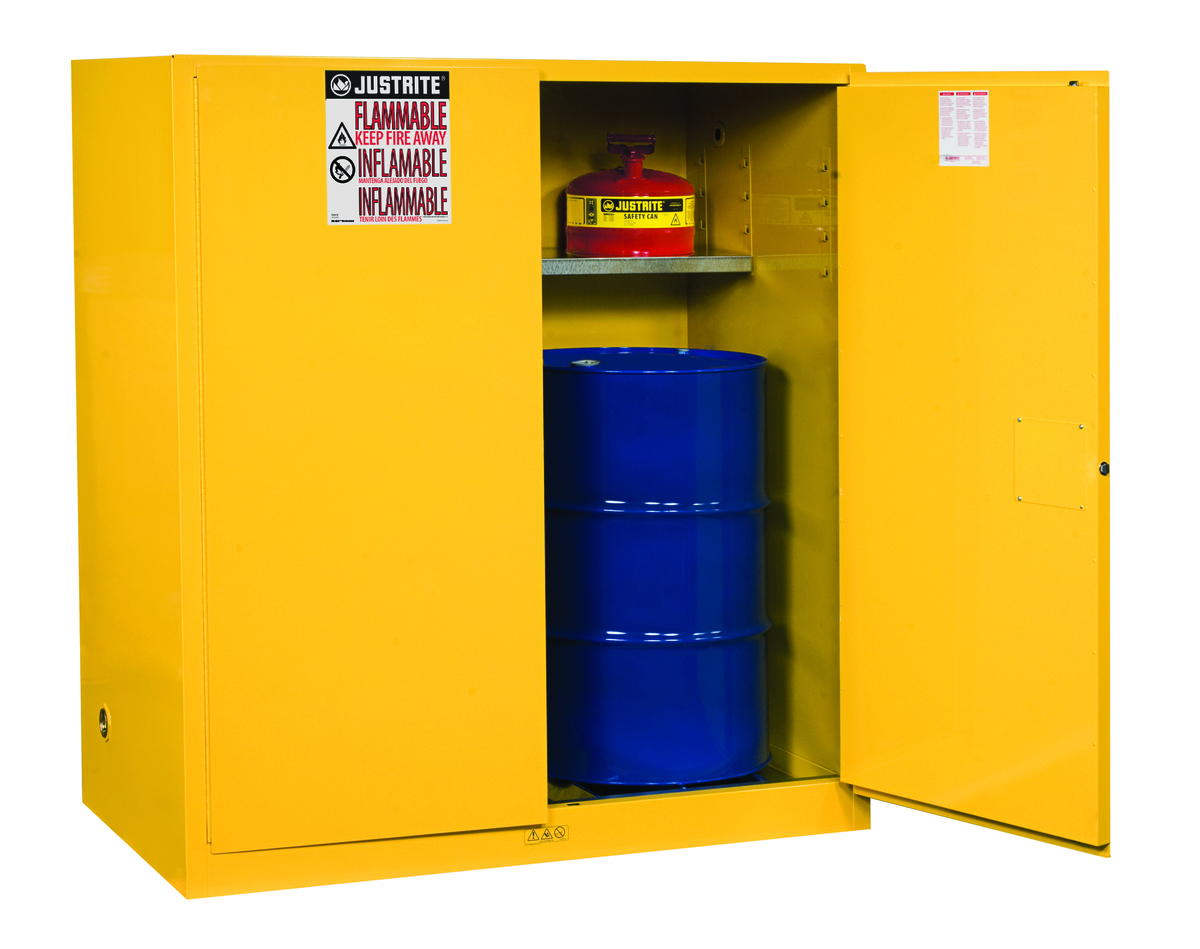 Justrite™ 110 Gallon Yellow Sure-Grip® EX 18 Gauge Cold Rolled Steel Vertical Drum Safety Cabinet With (2) Manual Close Doors An