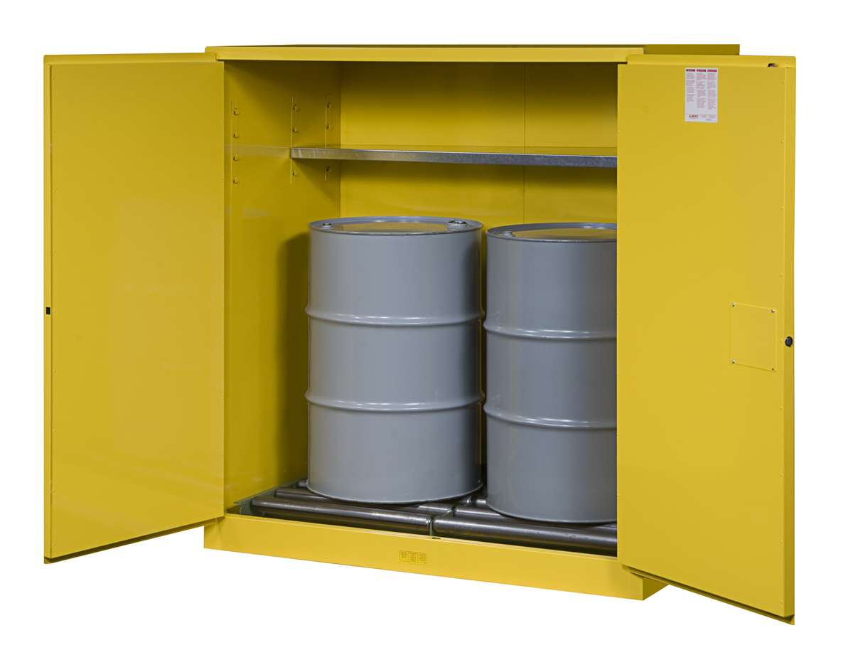 Justrite™ 110 Gallon Yellow Sure-Grip® EX 18 Gauge Cold Rolled Steel Vertical Drum Safety Cabinet With (2) Manual Close Doors An