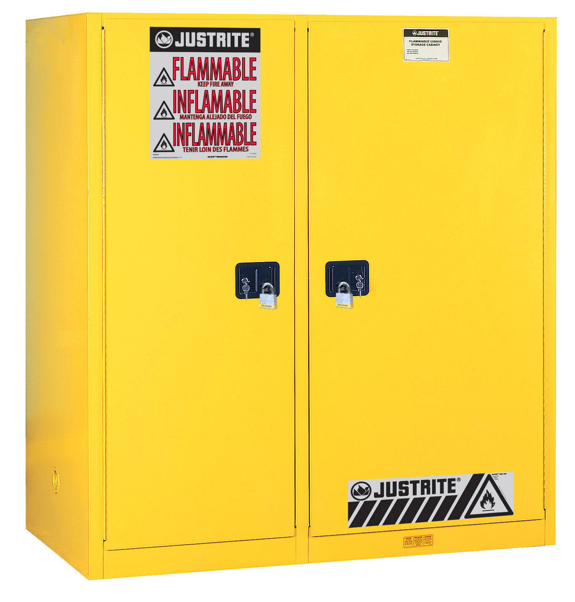 Justrite™ 115 Gallon Yellow Sure-Grip® EX 18 Gauge Cold Rolled Steel Double Duty Safety Cabinet With (2) Self-Closing Partition