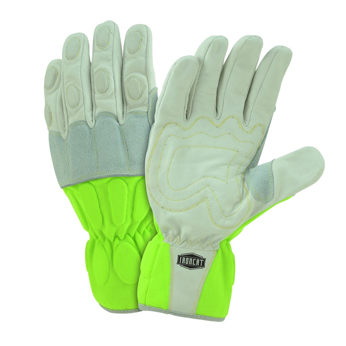 PIP® 2X White And Hi-Viz Green Ironcat® Buffalo Full Finger Mechanics Gloves With Elastic Cuff