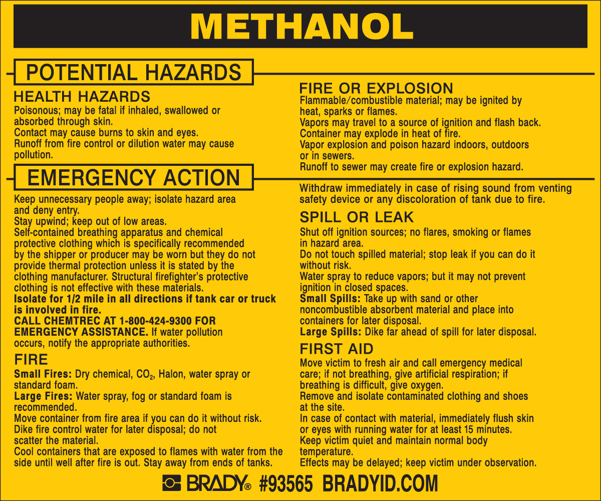 Brady 3 12 X 4 12 BlackYellow Vinyl Label METHANOL BRD93565 for sale online at autumn supply