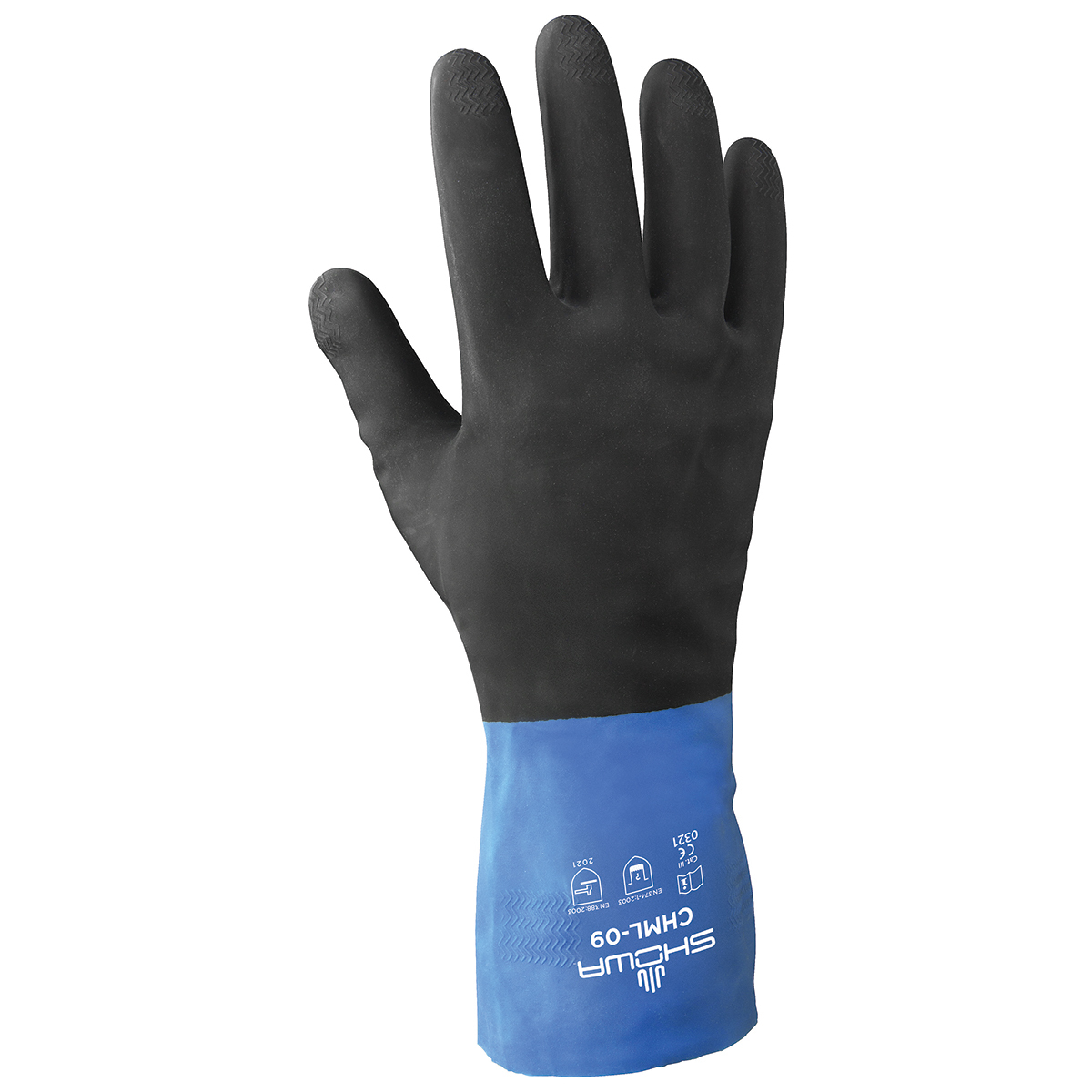 SHOWA® Black And Blue Cotton Flock Lined 26 mil Neoprene And Rubber Latex Chemical Resistant Gloves