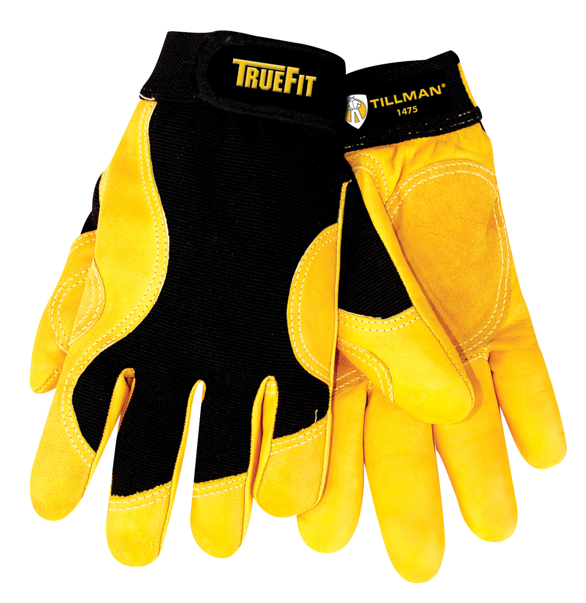 Tillman® Large Black And Gold TrueFit™ Cowhide And Spandex® Full Finger Mechanics Gloves With Elastic/Hook And Loop Cuff