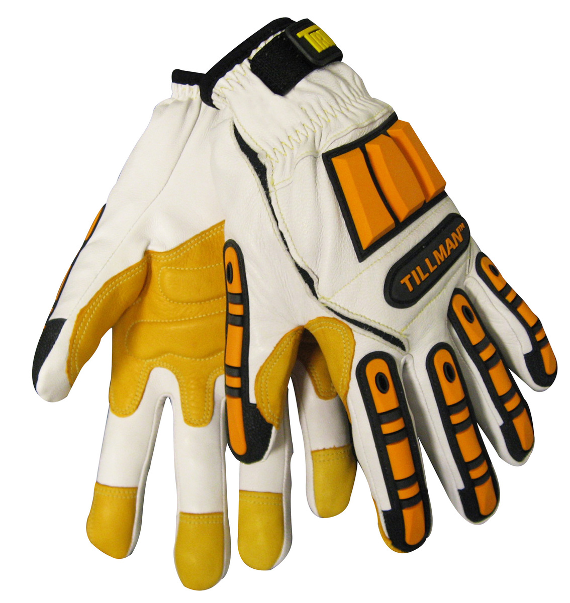 Tillman® Large Pearl, Orange And Black TrueFit™ Goatskin Full Finger Impact Protected Mechanics Gloves With Elastic/Hook And Loo