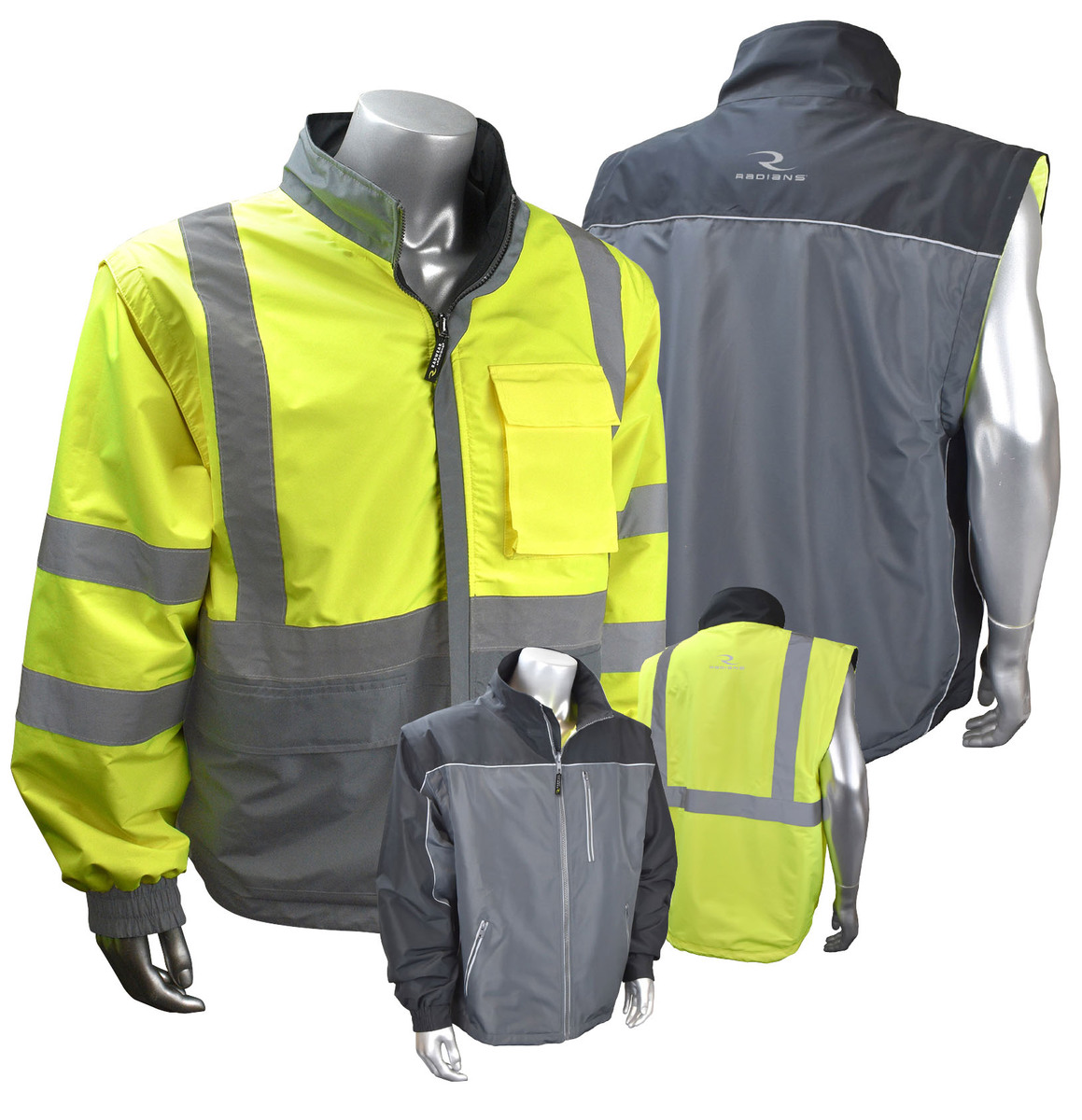 Radians, Inc. 4X Hi-Viz Green/Gray RadWear™ Water And Wind Resistant DWR Coated 100% Polyester Twill Light Weight Reversible Jac