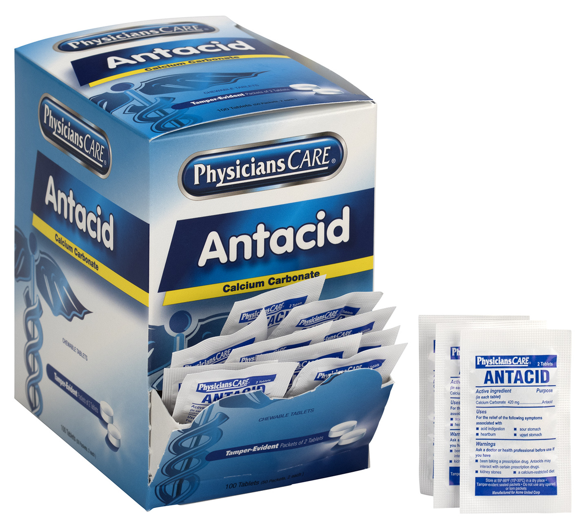 First Aid Only® 420 mg PhysiciansCare® Antacid Indigestion Tablets (2 Per Pack, 50 Packs Per Box)