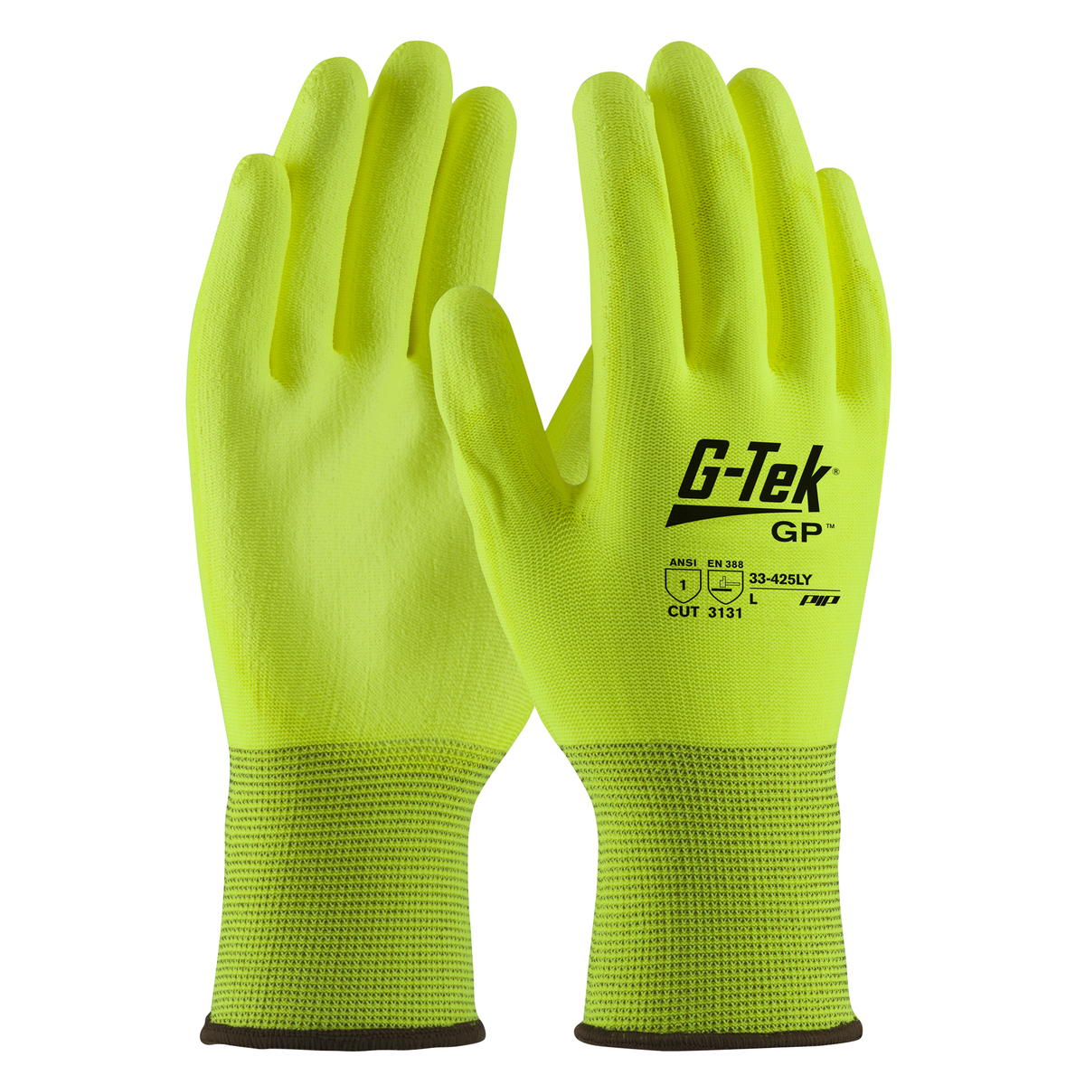 PIP® Large G-Tek® GP™ 13 Gauge Hi-Viz Yellow Nitrile Palm And Finger Coated Work Gloves With Nylon Liner And Continuous Knit Wri
