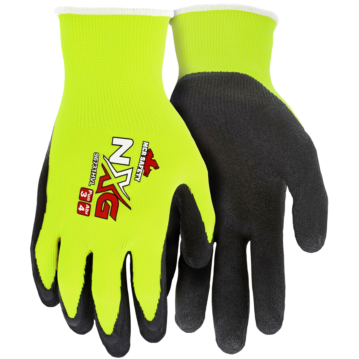 MCR Safety® Large NXG 13 Gauge Black Foam Latex Palm And Fingertips Dipped Coating Work Gloves With Hi-Viz Yellow Nylon And Poly