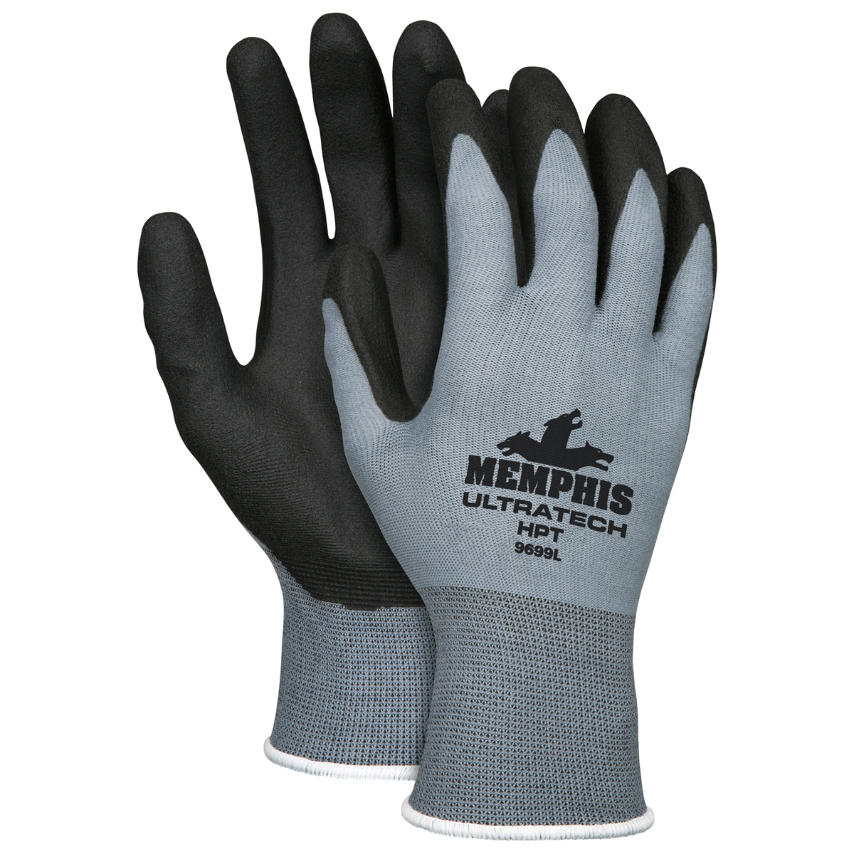 MCR Safety® X-Large UltraTech® HPT 15 Gauge Black HPT Palm And Fingertips Coated Work Gloves With Gray Nylon Liner And Knit Wris