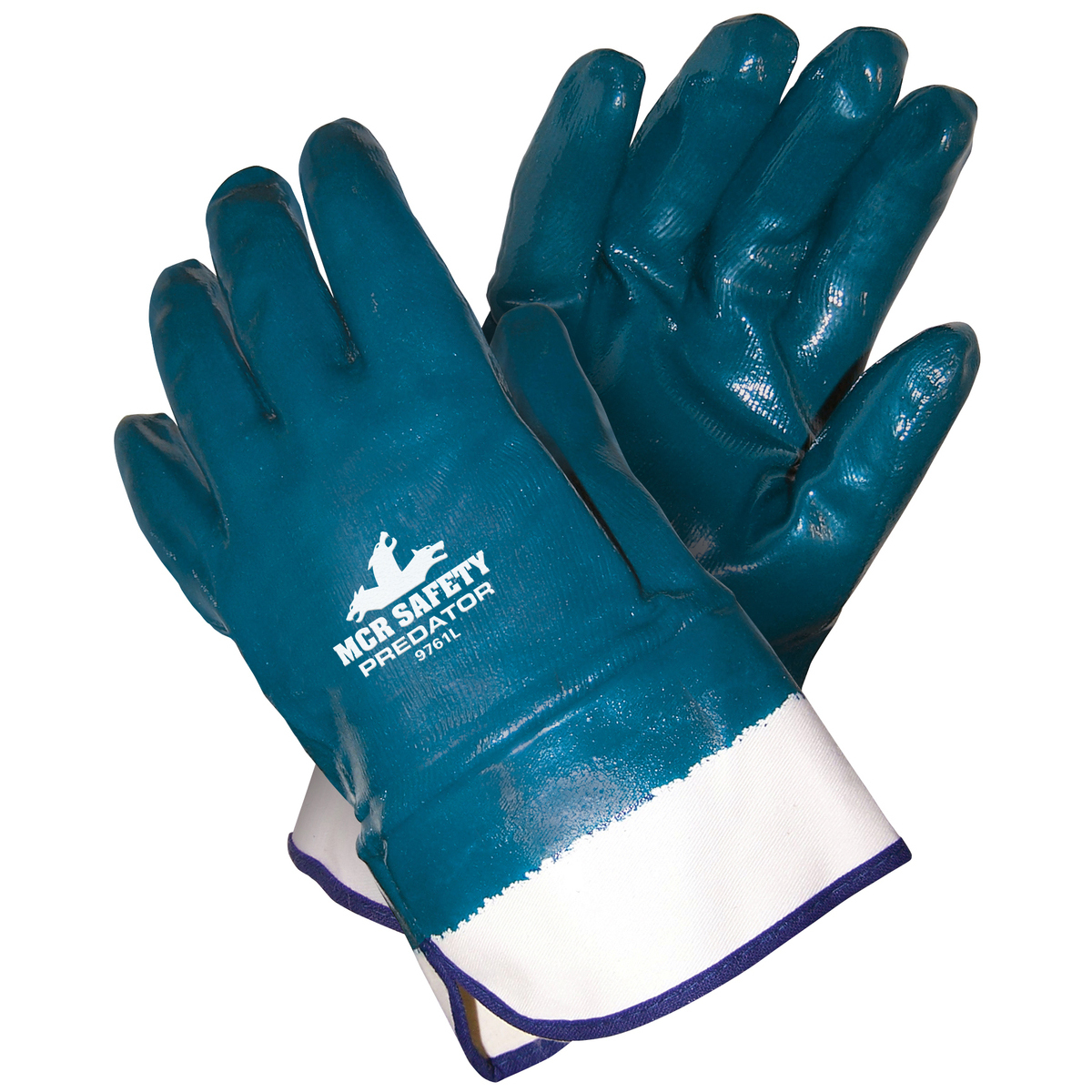 MCR Safety® Large Predator® Blue Premium Nitrile Full Dip Coating Work Gloves With Natural Jersey Liner And Safety Cuff