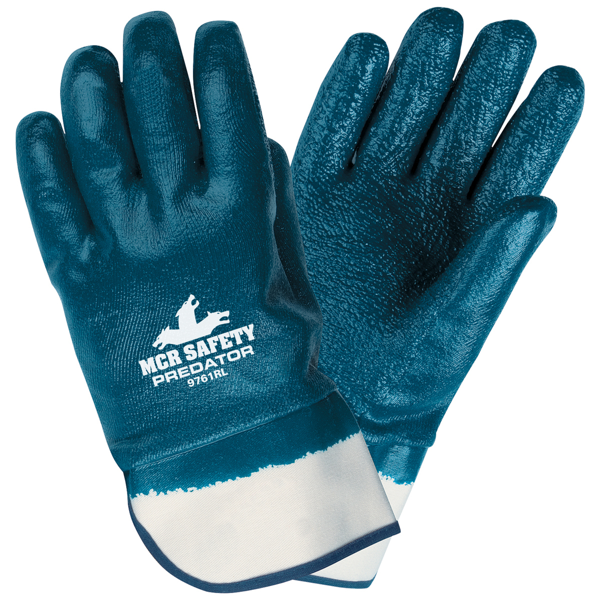 MCR Safety® Predator® Blue Premium Rough Nitrile Full Dip Coating Work Gloves w/ Natural Jersey Liner & Safety Cuff