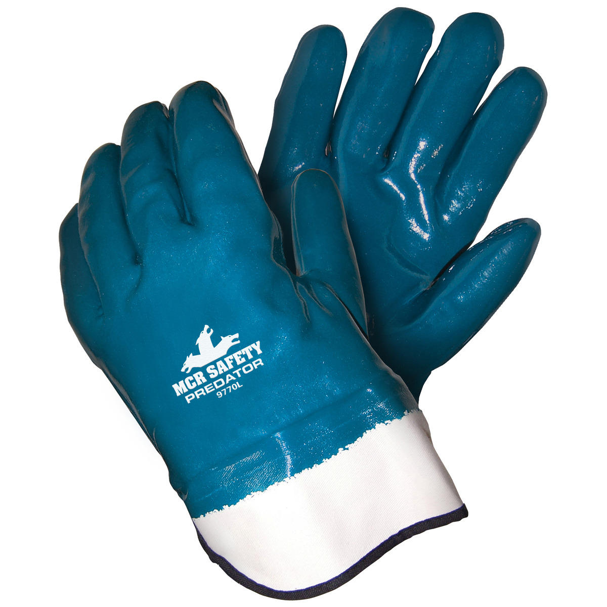 MCR Safety® Large Predator® Blue Premium Nitrile Full Dip Coating Work Gloves With Natural Jersey/Foam Liner And Safety Cuff
