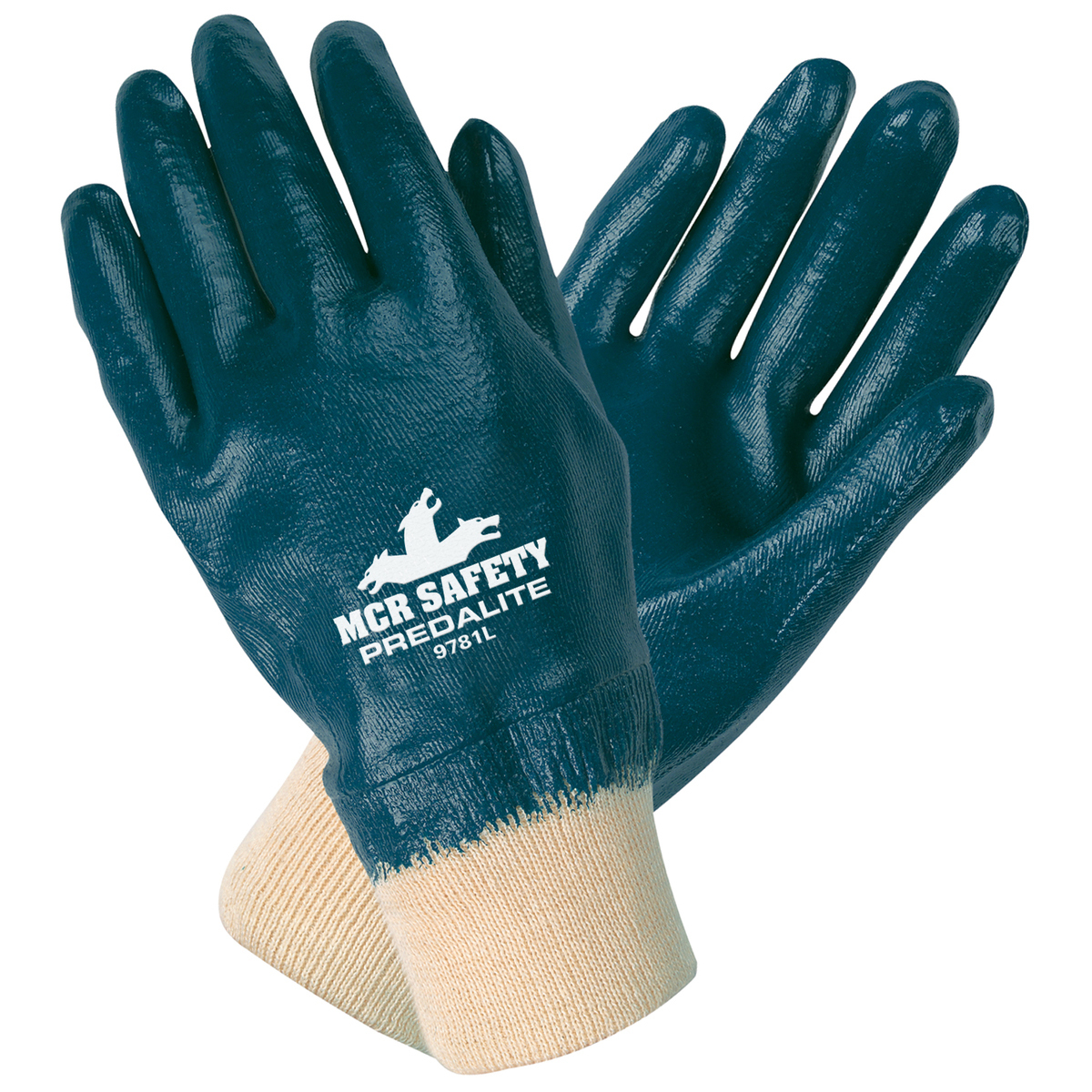 MCR Safety® Medium Predalite® Blue Nitrile Full Dip Coating Work Gloves With Natural Interlock Liner And Knit Wrist