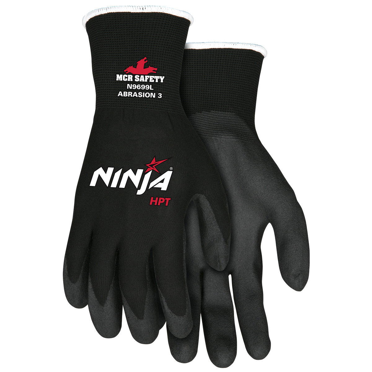 MCR Safety® X-Large Ninja® HPT™ 15 Gauge Black HPT™ Foam Palm And Fingertips Coated Work Gloves With Black Nylon Liner And Knit