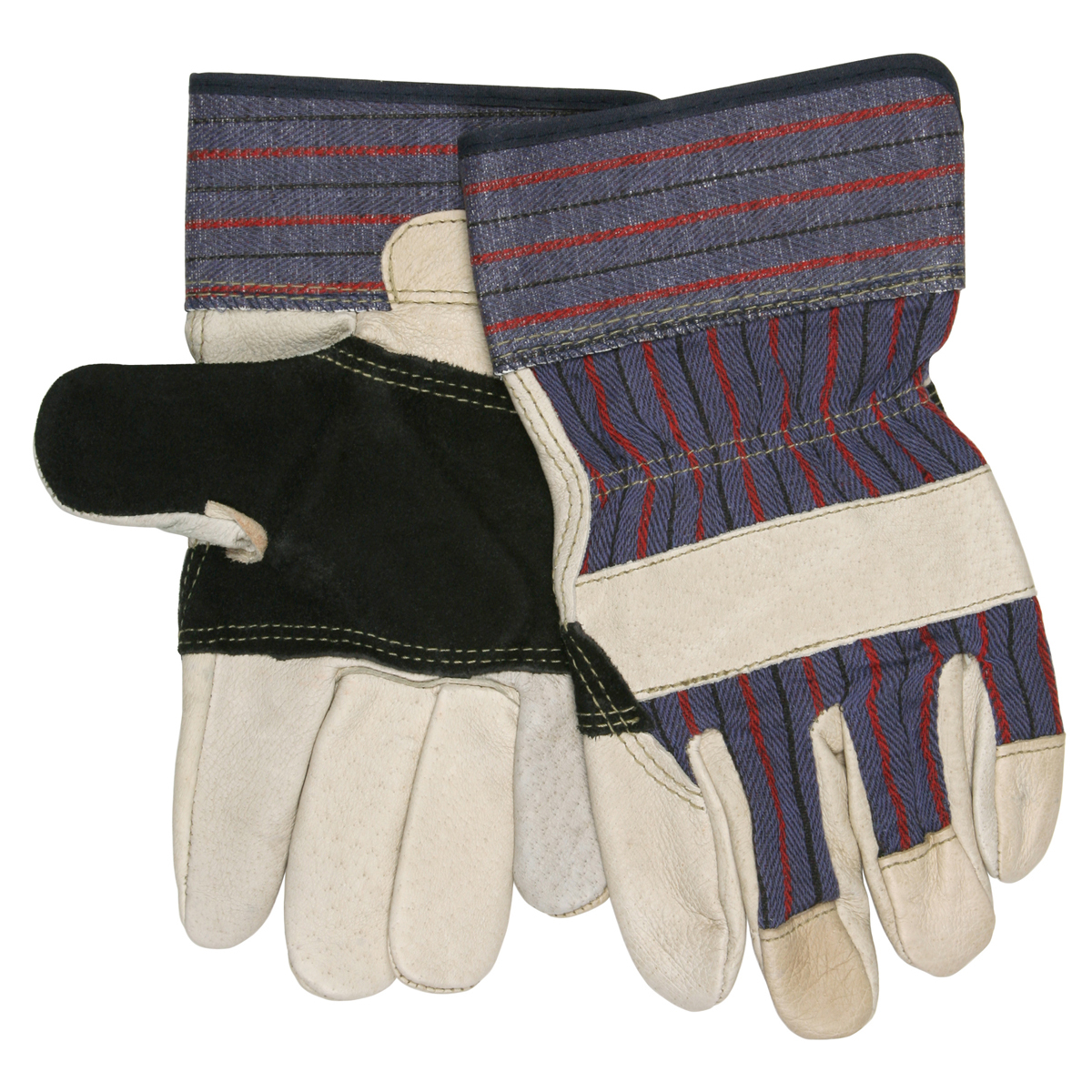 MCR Safety Large Natural, Yellow And Blue Top Grain Pigskin Palm Gloves With Fabric Back And Rubberized Safety Cuff