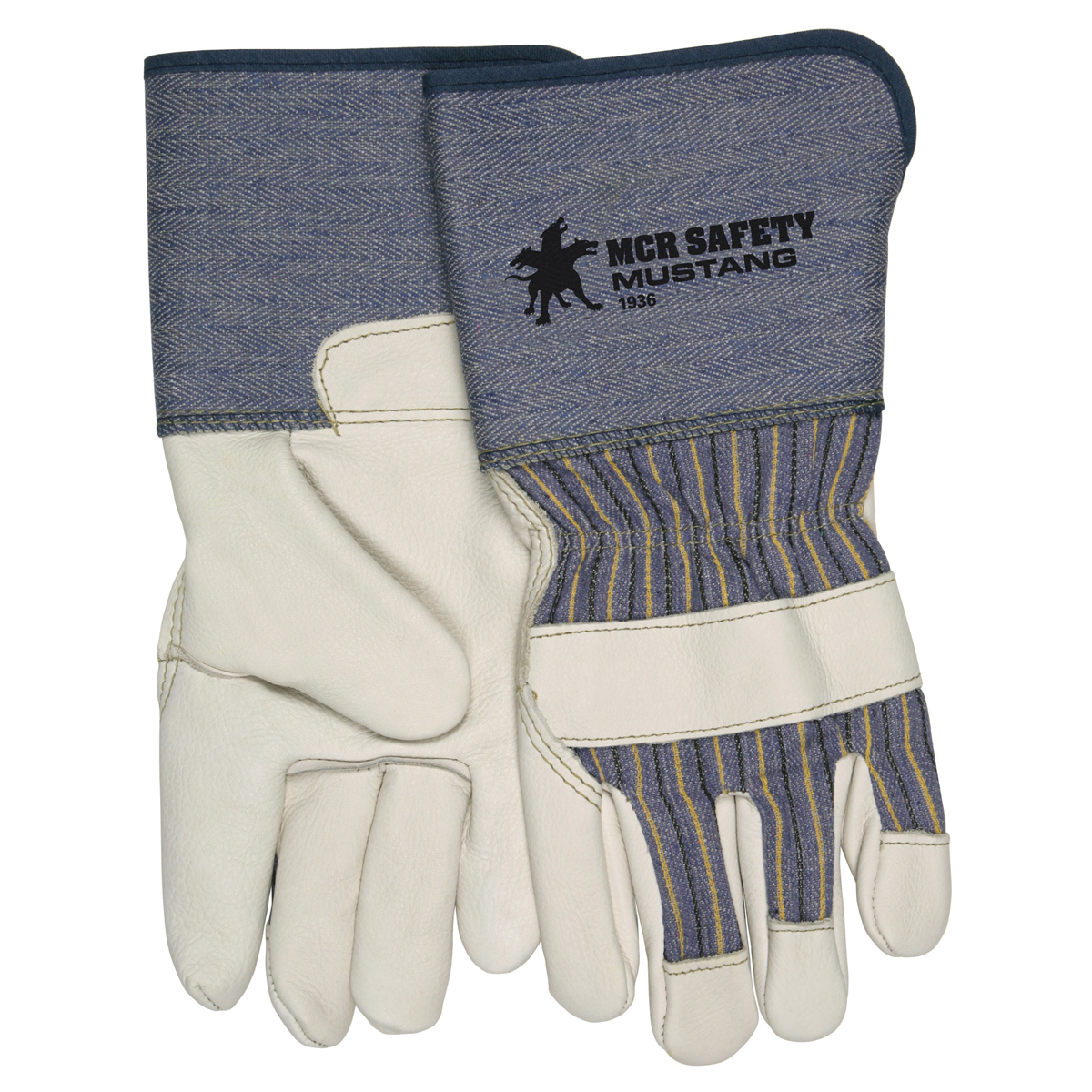 MCR Safety Medium Blue, Yellow And Black Premium Grain Cowhide Palm Gloves With Fabric Back And Rubberized Gauntlet Cuff