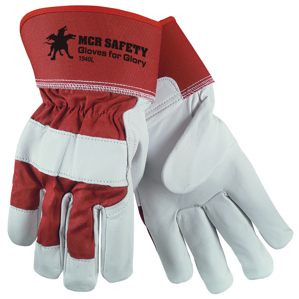MCR Safety Large White And Red Premium Grain Goatskin Palm Gloves With Fabric Back And Rubberized Safety Cuff