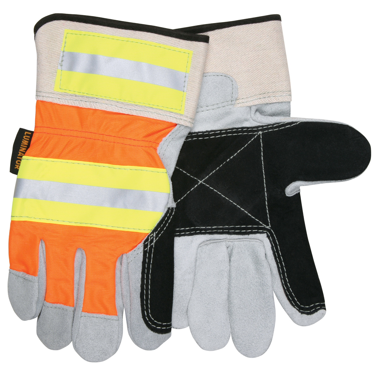 MCR Safety Large Hi-Viz Orange, Yellow And Black Select Shoulder Double Leather Palm Gloves With Reflective Stripe Back And Rubb