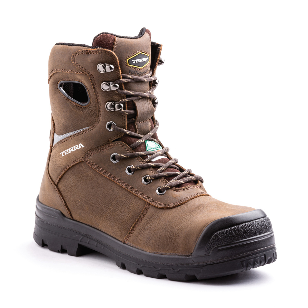 TERRA Size 9 1/2 Brown Pilot Leather Composite Toe Safety Boots With High Traction, Anti F.O.D. Slip Resistant Rubber Outsole