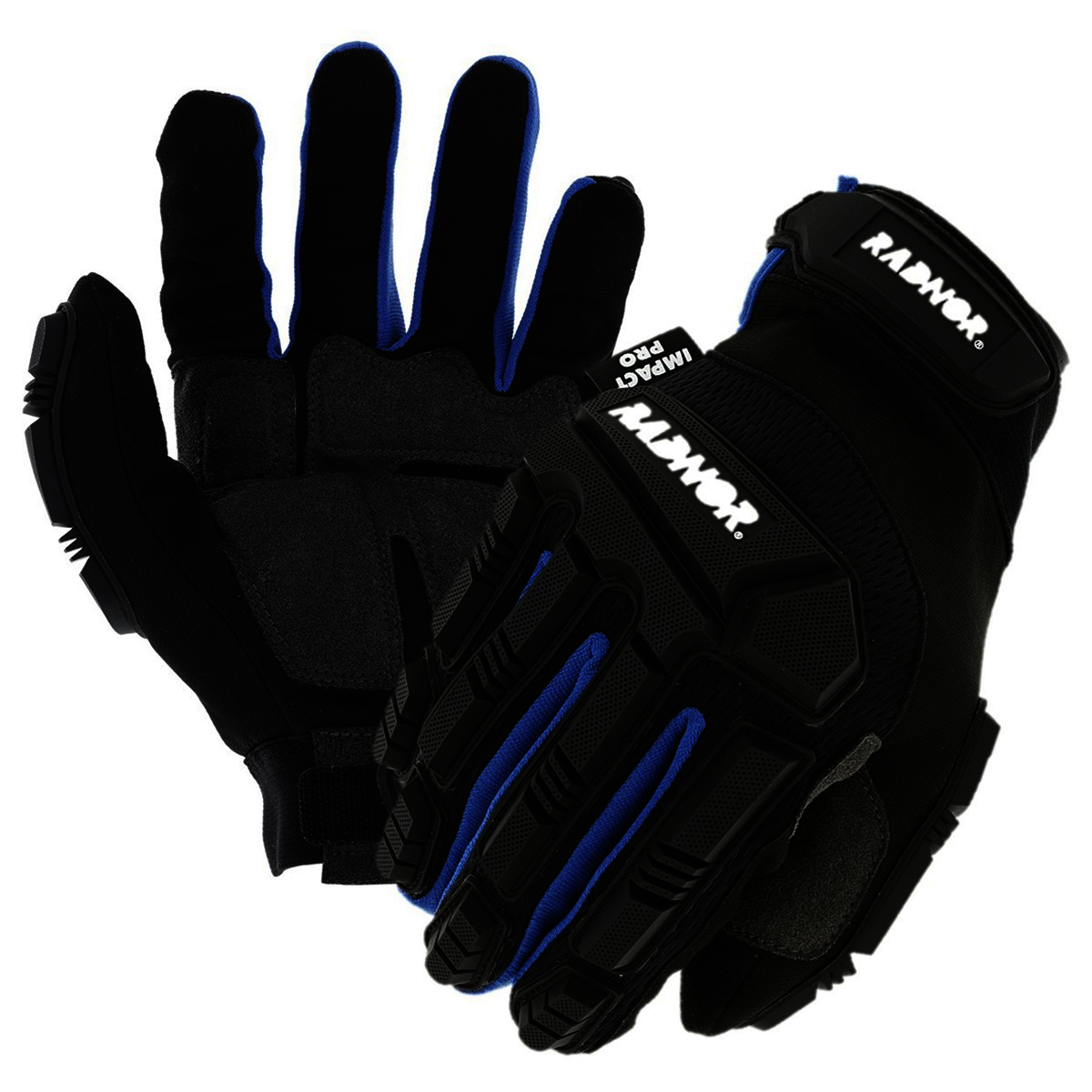 RADNOR® Large Black And Blue TrekDry® And Synthetic Leather Full Finger Impact Pro Mechanics Gloves With Hook And Loop Cuff And