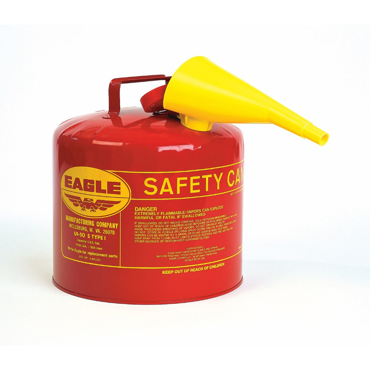 Eagle 5 Gallon Red 24 Gauge Galvanized Steel Type I Safety Can With Non-Sparking Flame Arrestor And F-15 Funnel