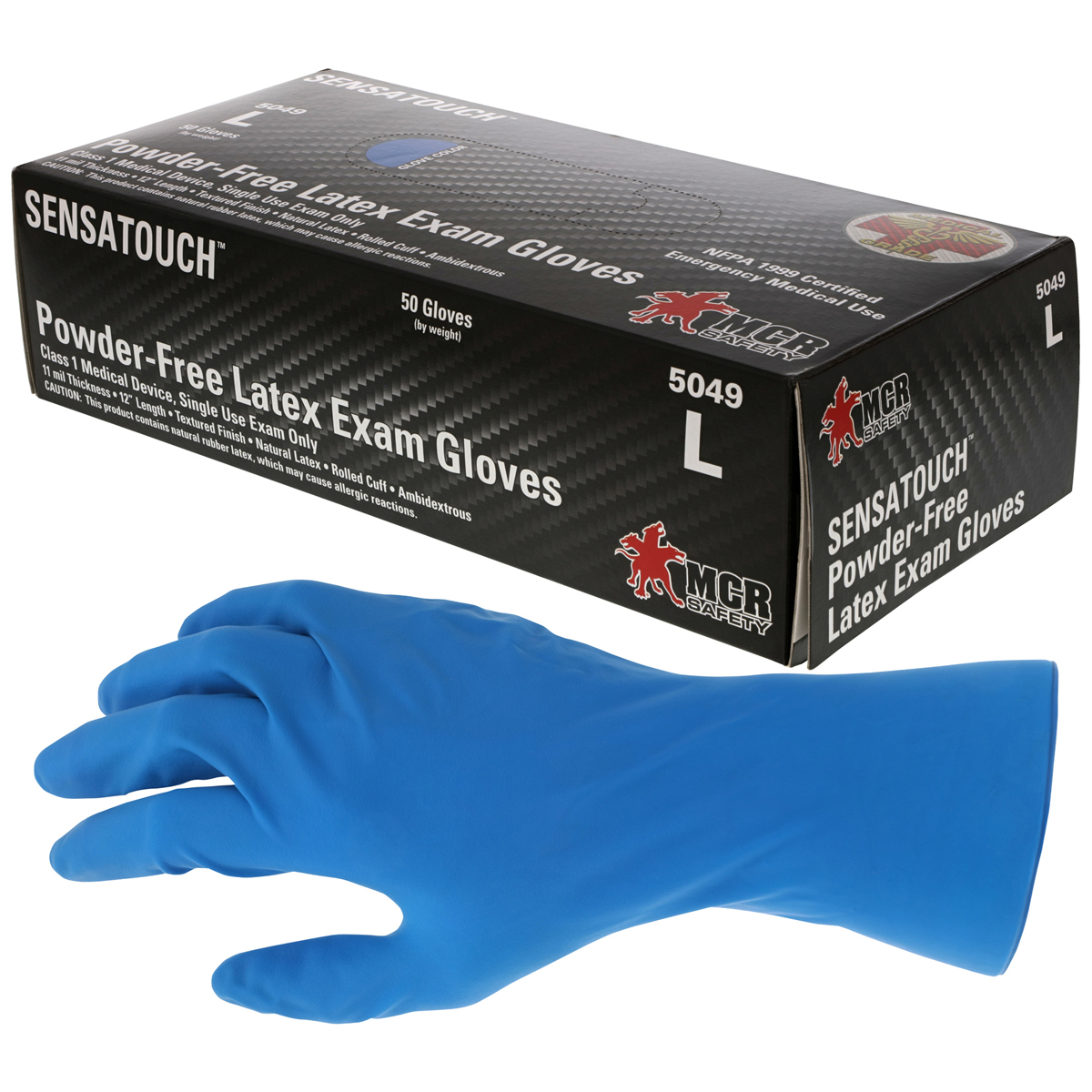 MCR Safety® Large Blue SensaTouch™ 11 mil Natural Rubber Latex Powder-Free Disposable Exam Gloves (50 Gloves Per Box)