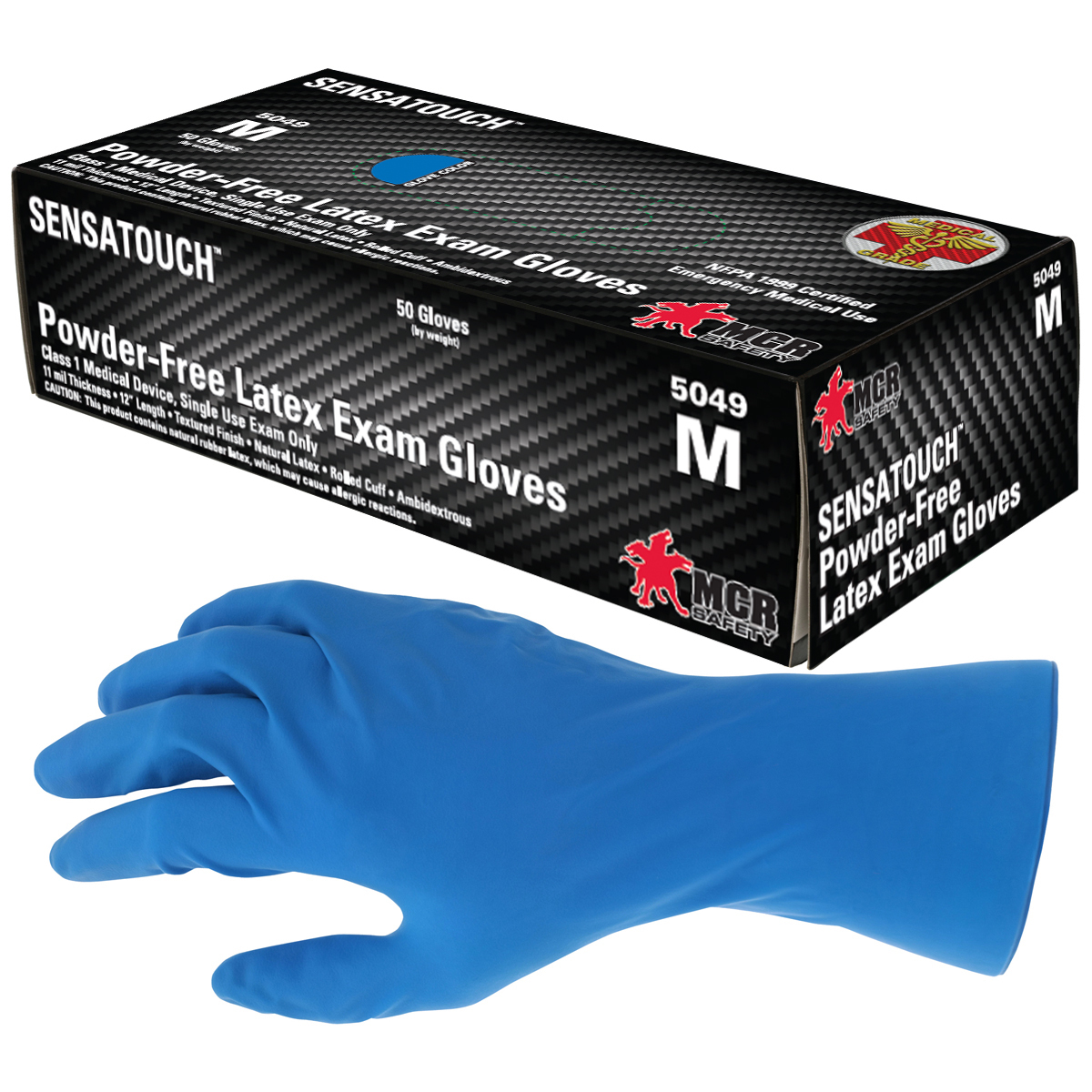 MCR Safety® Medium Blue SensaTouch™ 11 mil Natural Rubber Latex Powder-Free Disposable Exam Gloves (50 Gloves Per Box)