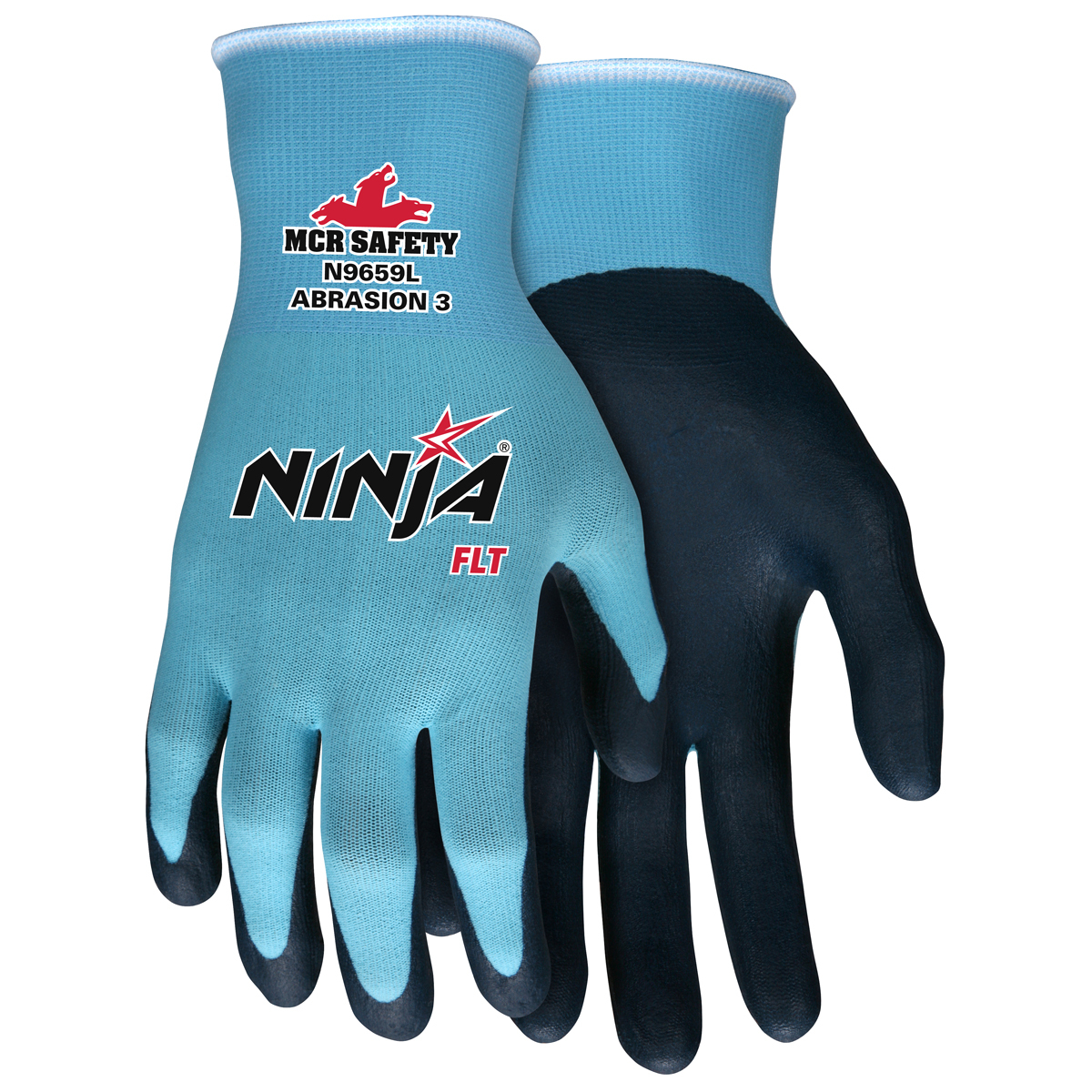 MCR Safety® Medium Ninja® 15 Gauge Gray Feather Lite Technology Palm And Fingertip Coated Work Gloves With Light Blue Nylon And