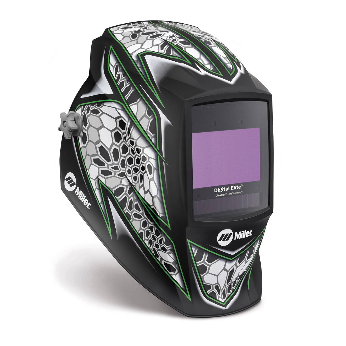 Miller® Digital Elite™ Raptor™ Green/Black/White Welding Helmet Variable Shades 3, 5 - 13 Auto Darkening Lens Miller® Digital Elite™ Raptor™ Green/Black/White Welding Helmet Variable Shades 3, 5 - 13 Auto Darkening Lens