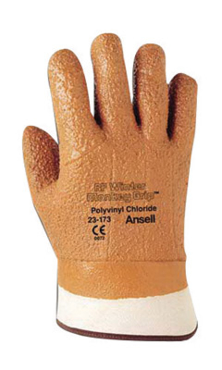 Ansell Size 10 Orange Winter Monkey Grip™ Textured Jersey Lined Cold Weather Gloves With Wing Thumb, Safety Cuff, Vinyl Fully Co