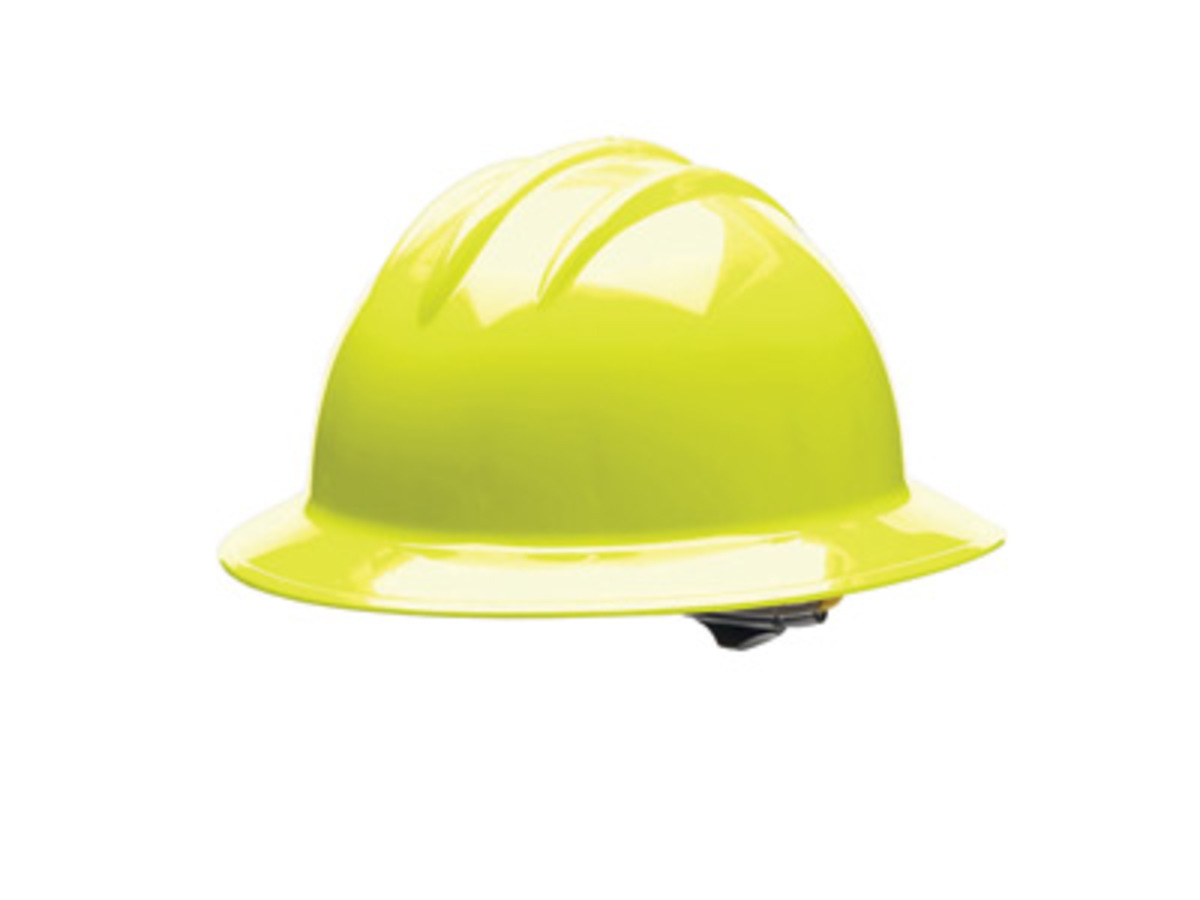 Bullard® Yellow HDPE Full Brim Hard Hat With Ratchet/6 Point Ratchet Suspension