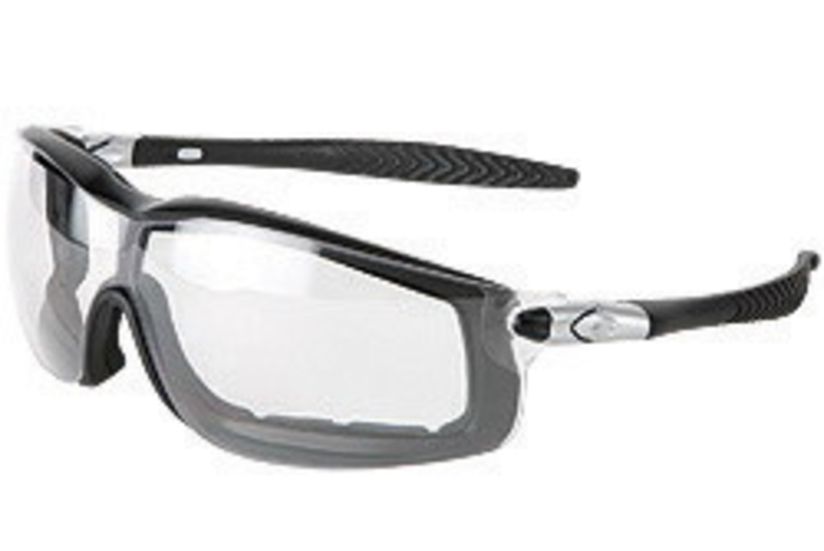 MCR Safety® Rattler™ Black Safety Glasses With Clear Anti-Fog/Anti-Scratch Lens And Interchangeable Ratcheting Bayonet Temples (
