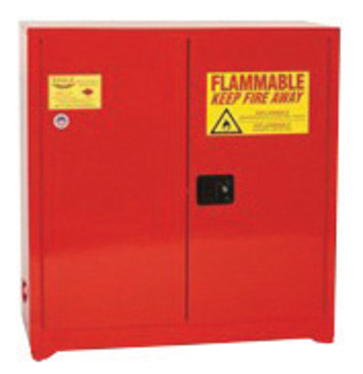 Eagle 60 Gallon Red 18 Gauge Steel Safety Storage Cabinet With (2) Manual Close Doors, (5) Shelves, Warning Labels And 3-Point L Eagle 60 Gallon Red 18 Gauge Steel Safety Storage Cabinet With (2) Manual Close Doors, (5) Shelves, Warning Labels And 3-Point L
