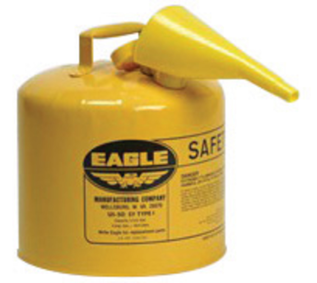Eagle 5 Gallon Yellow 24 Gauge Galvanized Steel Type I Safety Can With Non-Sparking Flame Arrestor And F-15 Funnel