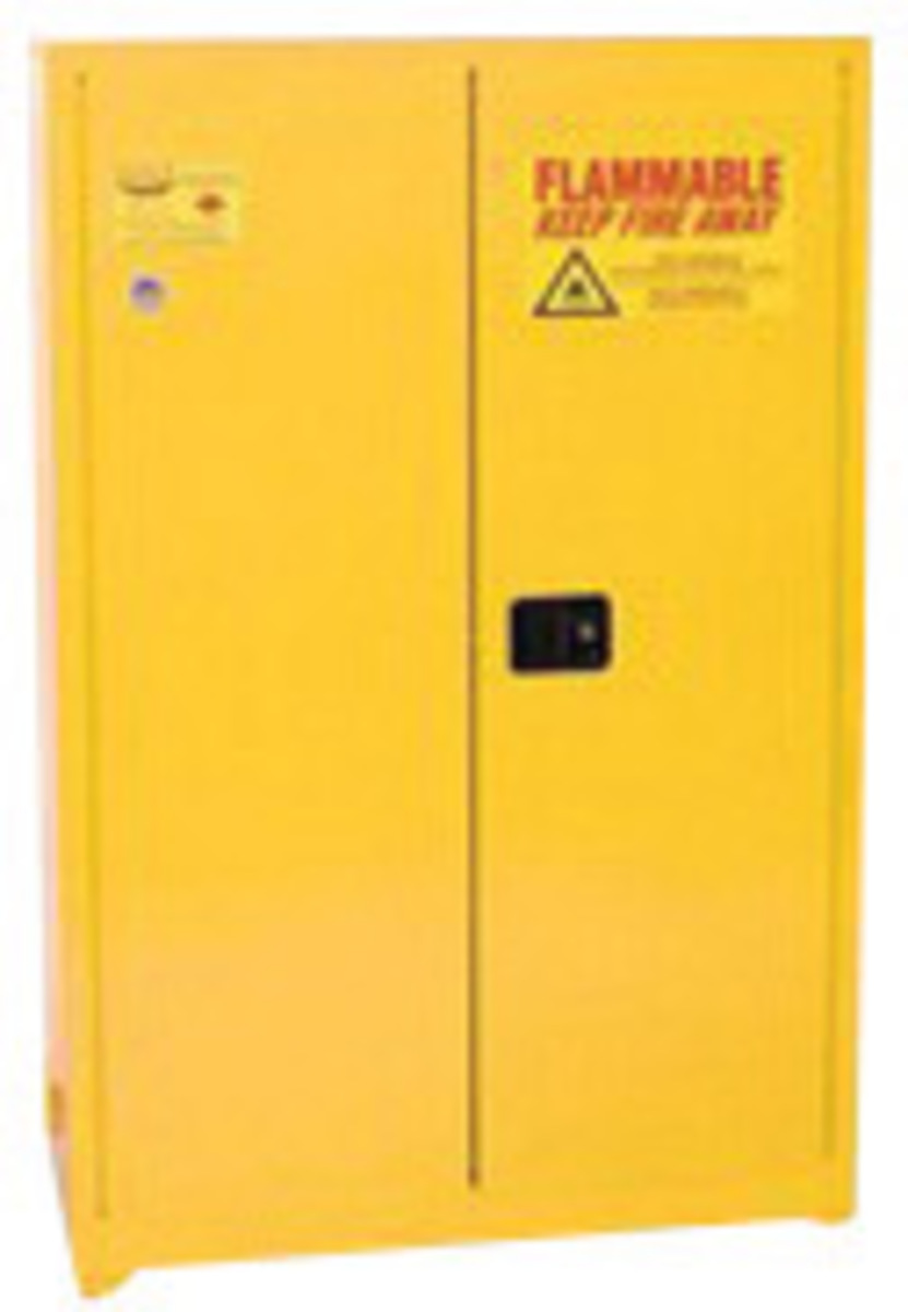 Eagle 60 Gallon Yellow 18 Gauge Steel Safety Storage Cabinet With (2) Manual Close Doors, (5) Shelves, 3-Point Latch System And Eagle 60 Gallon Yellow 18 Gauge Steel Safety Storage Cabinet With (2) Manual Close Doors, (5) Shelves, 3-Point Latch System And