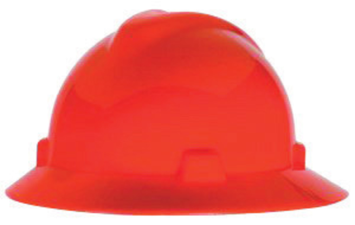 MSA Orange Polyethylene Full Brim Hard Hat With Ratchet/4 Point Ratchet Suspension