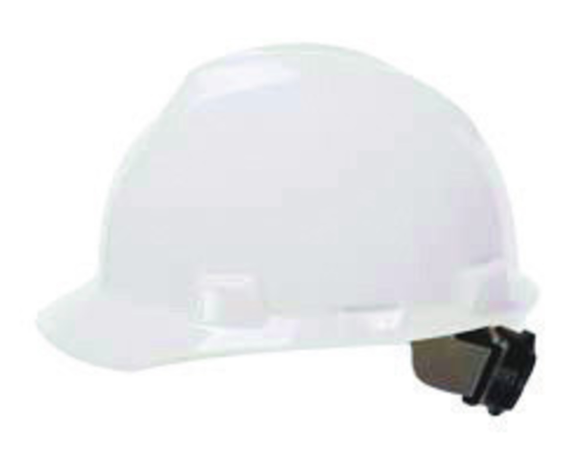MSA White V-Gard® Polyethylene Cap Style Hard Hat With 4 Point Ratchet/Ratchet Suspension
