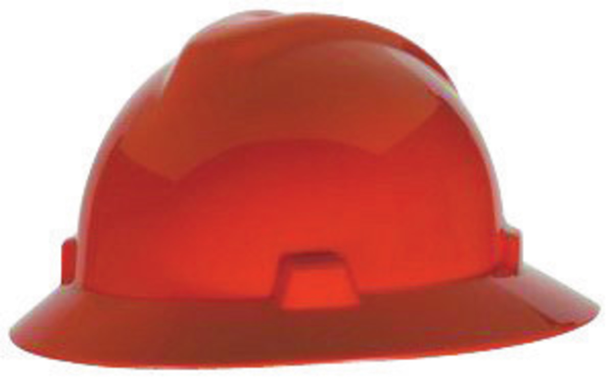 MSA Orange Polyethylene Full Brim Hard Hat With Ratchet/4 Point Ratchet Suspension