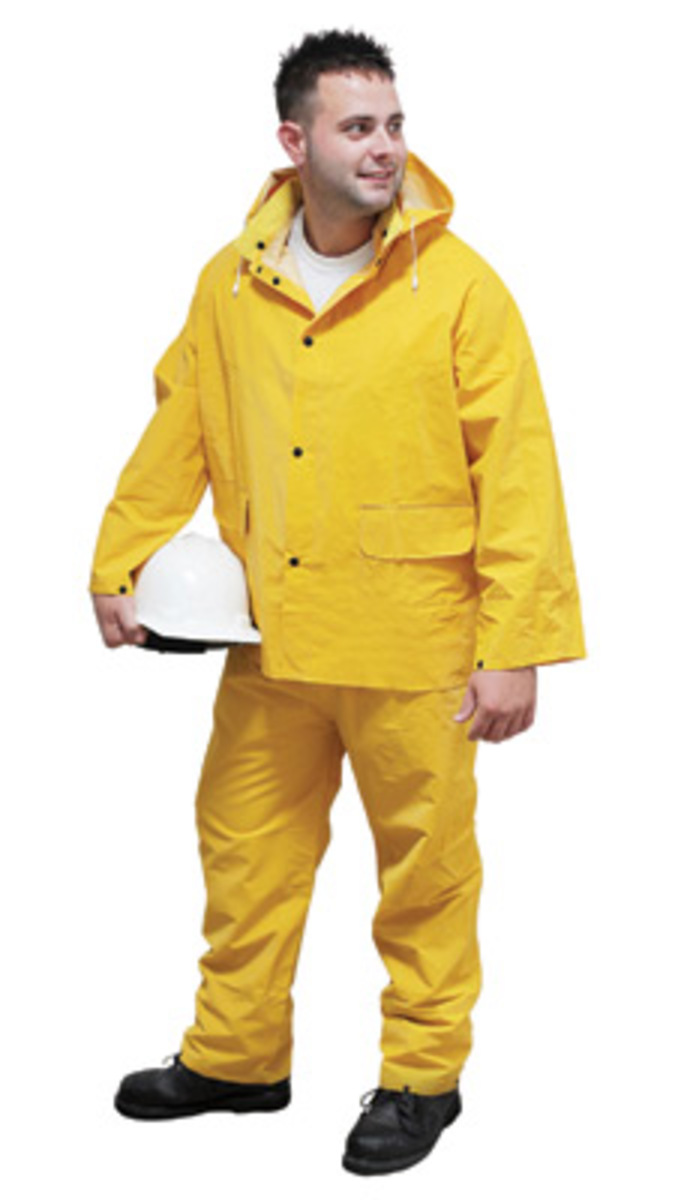 RADNOR® Large Yellow .35 mm Polyester And PVC 3 Piece Rain Suit (Includes Jacket With Front Snap Closure, Detached Hood And Snap