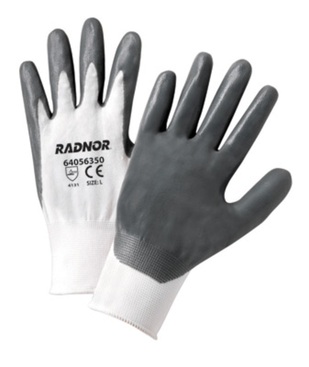 RADNOR® Medium 13 Gauge Gray Nitrile Palm And Finger Coated Work Gloves With White Nylon Liner And Knit Wrist