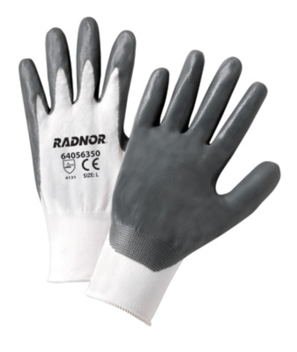 RADNOR® Small 13 Gauge Gray Nitrile Palm And Finger Coated Work Gloves With White Nylon Liner And Knit Wrist