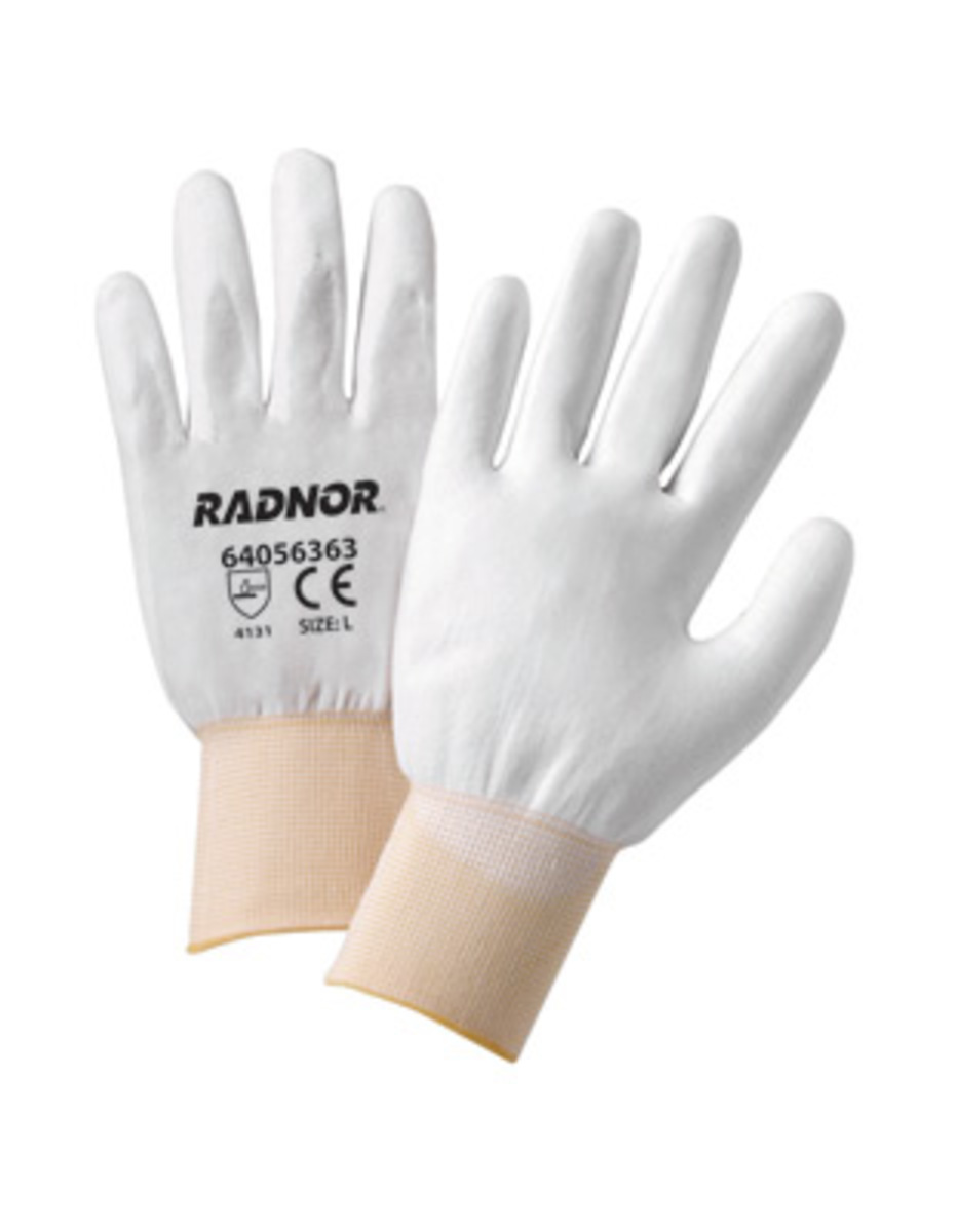 RADNOR® Large 13 Gauge White Polyurethane Palm And Finger Coated Work Gloves With White Nylon Liner And Knit Wrist