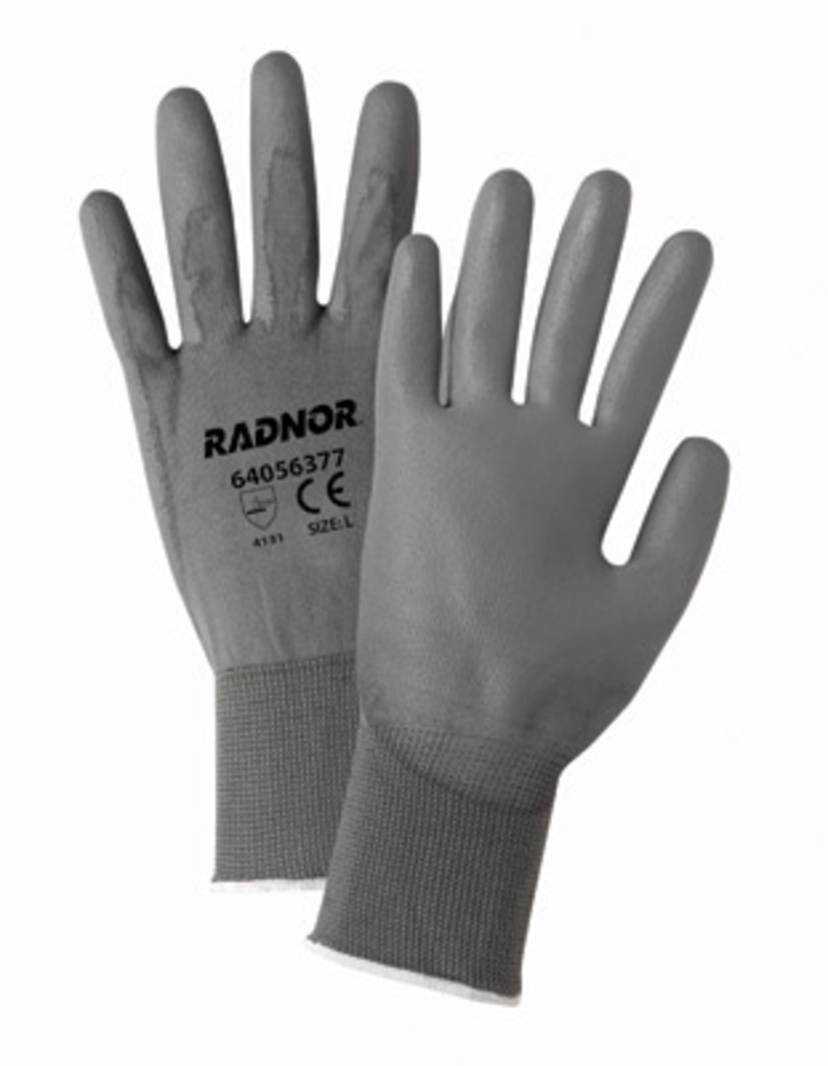 RADNOR® 2X 13 Gauge Gray Polyurethane Palm And Finger Coated Work Gloves With Gray Nylon Liner And Knit Wrist