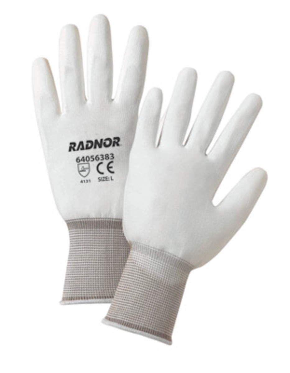 RADNOR® X-Large 15 Gauge White Polyurethane Palm And Finger Coated Work Gloves With White Nylon Liner And Knit Wrist