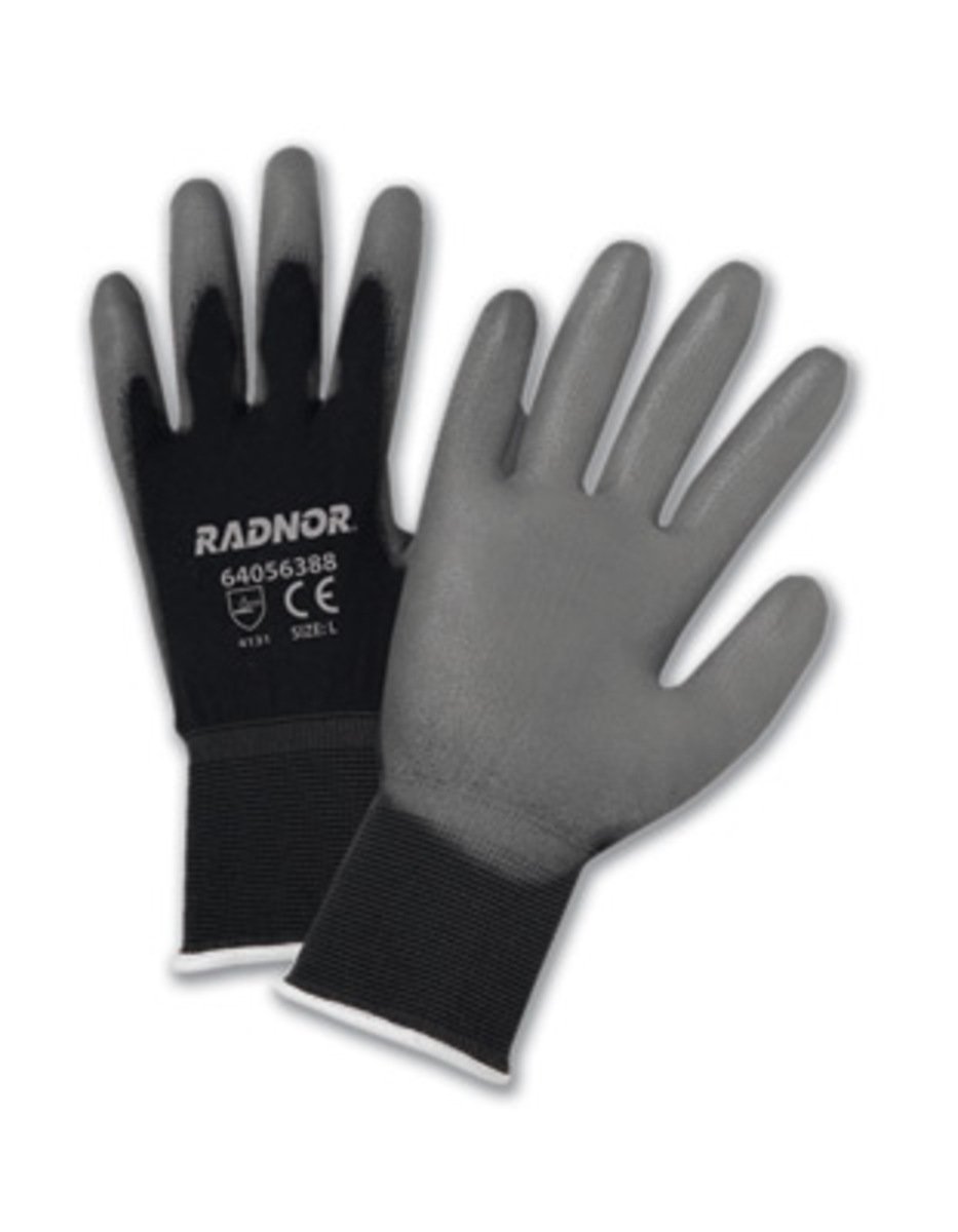 RADNOR® Medium 15 Gauge Gray Polyurethane Palm And Finger Coated Work Gloves With Black Nylon Liner And Knit Wrist