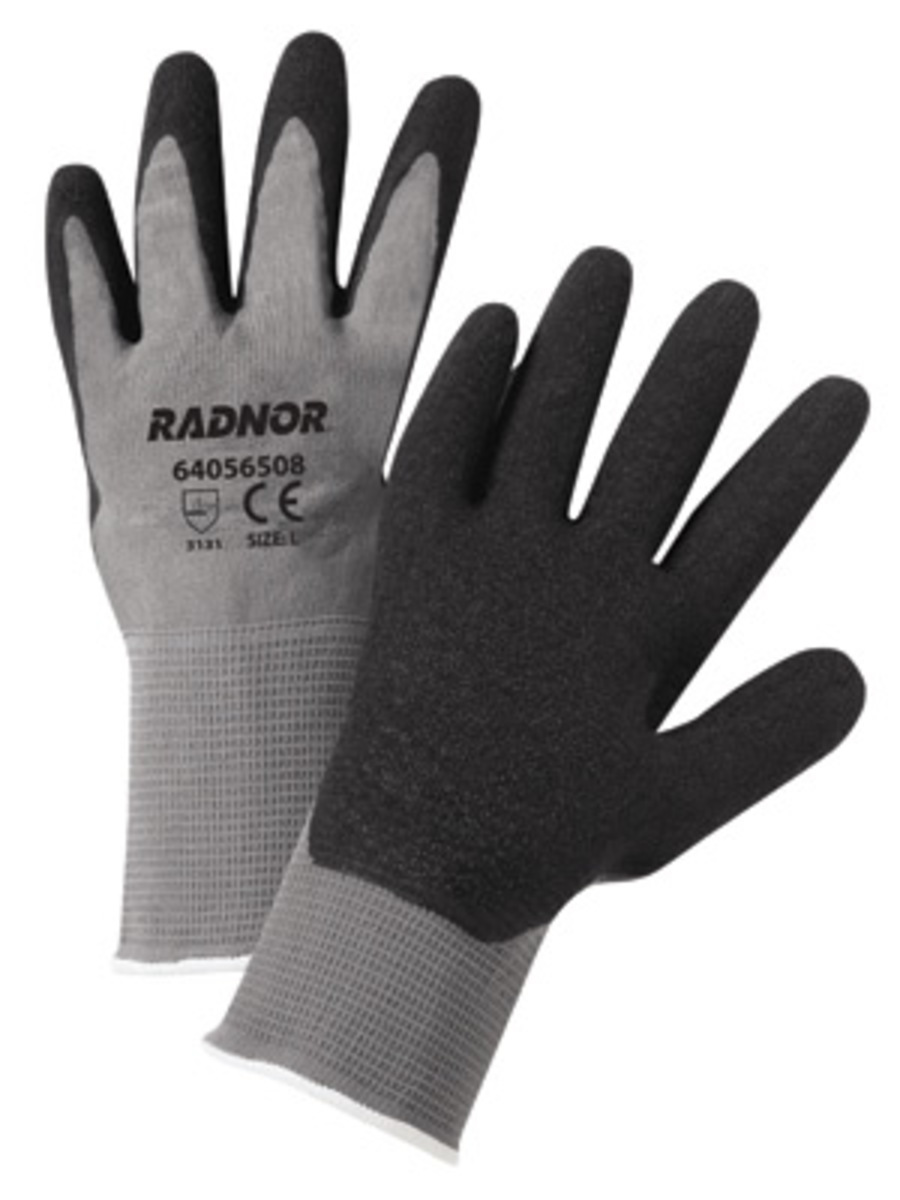 RADNOR® X-Large 13 Gauge Black Latex Palm And Finger Coated Work Gloves With Gray Nylon Knit Liner And Knit Wrist